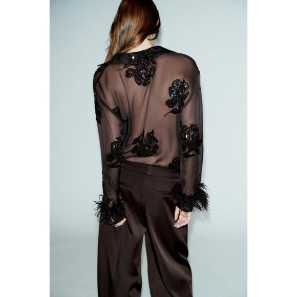 ZARA SEMI-SHEER SEQUIN FEATHER BLOUSE - Picture 5 of 8